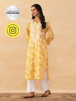 House of Chikankari - Yellow Mulmul Chikankari Printed Womens Long Kurta