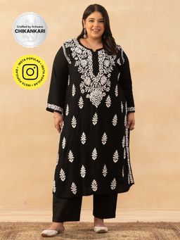 House of Chikankari - Black Rayon Chikankari Solid Womens Long Kurta