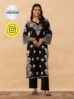 House of Chikankari - Black Rayon Chikankari Solid Womens Long Kurta