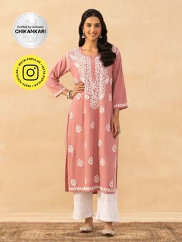 House of Chikankari - Dust Pink Rayon Chikankari Solid Womens Long Kurta