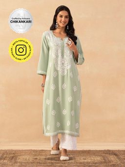 House of Chikankari - Pastel Green Rayon Chikankari Solid Womens Long Kurta