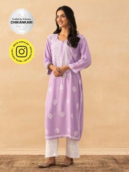 House of Chikankari - Lavender Rayon Chikankari Solid Womens Long Kurta