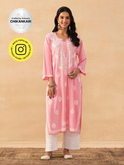 House of Chikankari - Pink Rayon Chikankari Solid Womens Long Kurta