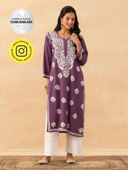 House of Chikankari - Purple Rayon Chikankari Solid Womens Long Kurta