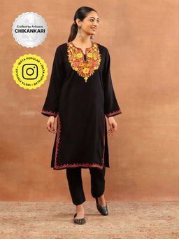 House of Chikankari - Black Wool Aari Embroidered Solid Womens Long Kurta