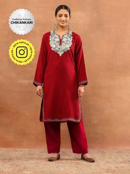 House of Chikankari - Red Wool Aari Embroidered Solid Womens Long Kurta