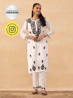House of Chikankari - White Cotton Chikankari Solid Womens Long Kurta