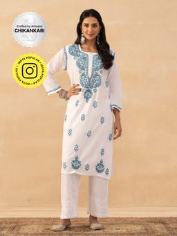 House of Chikankari - White Cotton Chikankari Solid Womens Long Kurta