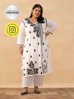 House of Chikankari - White Cotton Dobby Chikankari Solid Womens Long Angrakha Kurta