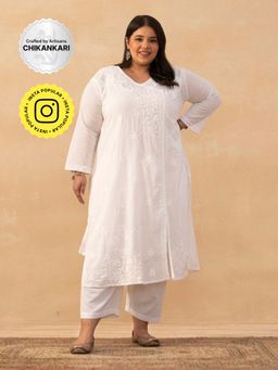 House of Chikankari - White Cotton Dobby Chikankari Solid Womens Long Angrakha Kurta