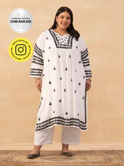 House of Chikankari - White Muslin Chikankari Solid Womens Long Kurta