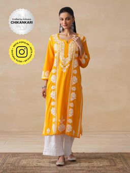 House of Chikankari - Yellow Pure Cotton Chikankari Embroidered Women's Long Kurta