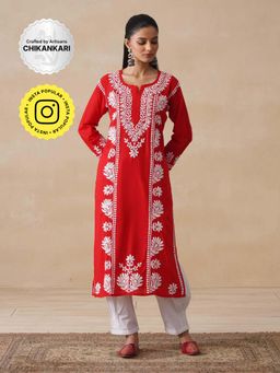 House of Chikankari - Red Pure Cotton Chikankari Embroidered Women's Long Kurt
