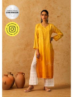 House of Chikankari - Yellow Shab Chikankari Chanderi Straight Kurta