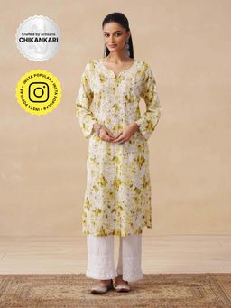 House of Chikankari - Green Hoc Mulmul Chikankari Printed Women's Long Kurta