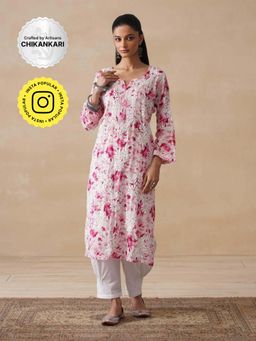 House of Chikankari - Pink Hoc Mulmul Chikankari Printed Women's Long Kurta