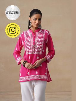 House of Chikankari - Pink Pure Cotton Chikankari Womens Short Kurta