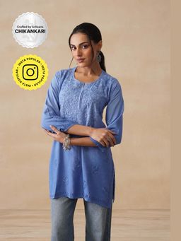House of Chikankari - Blue Rayon Chikankari Womens Short Kurta