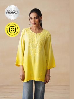 House of Chikankari - Yellow Rayon Chikankari Womens Short Kurta