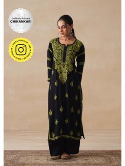 House of Chikankari - Black Rayon Chikankari Womens Long Kurta