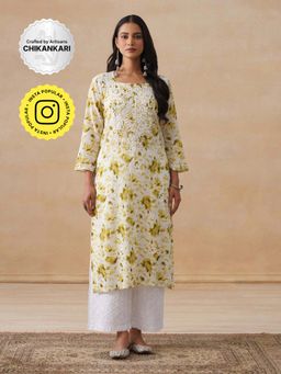 House of Chikankari - Mulmul Chikankari Olive Print Women's Long Kurta