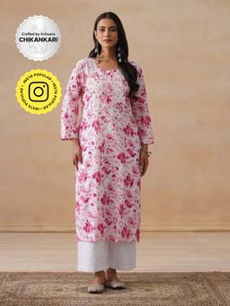 House of Chikankari - Mulmul Chikankari Pink Print Women's Long Kurta