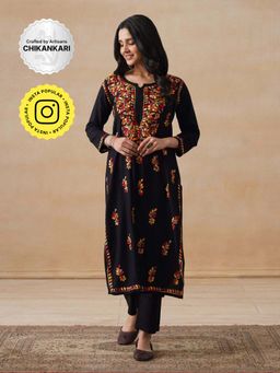 House of Chikankari - Rayon Chikankari Women's Long Kurta - Black