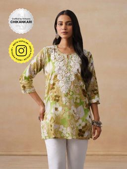 House of Chikankari - Mulmul Chikankari Printed Women's Short Kurta - Multicolour