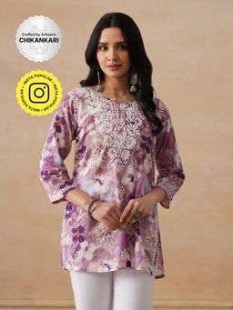 House of Chikankari - Mulmul Chikankari Printed Women's Short Kurta - Purple