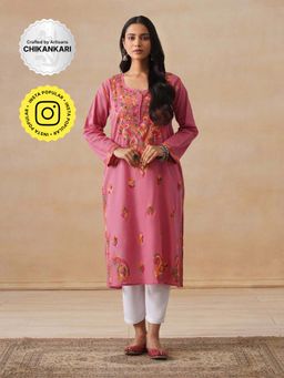 House of Chikankari - Cotton Chikankari Women's Long Kurta - Dust Pink