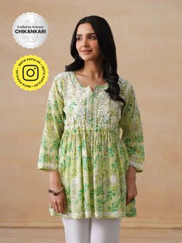 House of Chikankari - Mulmul Chikankari Printed Women's Short Kurta - Green