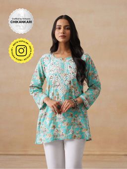 House of Chikankari - Mulmul Chikankari Printed Women's Short Kurta - Turquoise