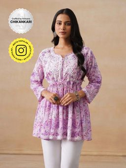 House of Chikankari - Mulmul Chikankari Printed Women's Short Kurta - Purple
