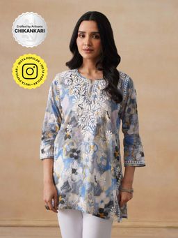 House of Chikankari - Mulmul Chikankari Printed Women's Short Kurta - Multicolour