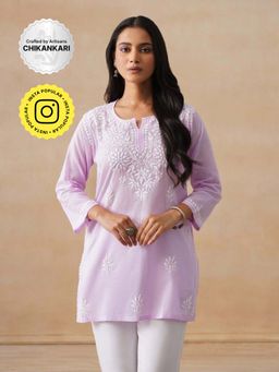 House of Chikankari - Cotton Chikankari Women's Short Kurta - Lavender