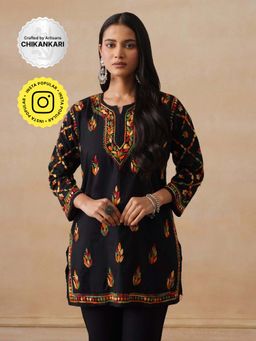 House of Chikankari - Cotton Chikankari Women's Short Kurta - Black