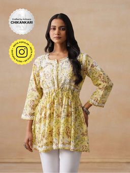 House of Chikankari - Mulmul Chikankari Printed Women's Short Kurta - Yellow