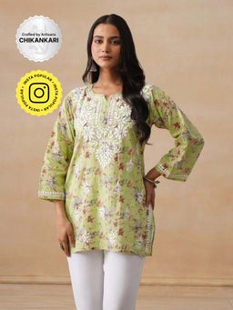 House of Chikankari - Mulmul Chikankari Printed Women's Short Kurta - Light Green
