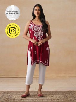 House of Chikankari - Rayon Chikankari Women's Short Kurta - Maroon