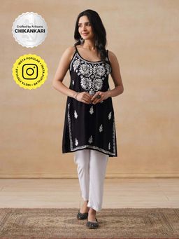 House of Chikankari - Rayon Chikankari Women's Short Kurta - Black