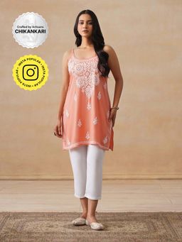House of Chikankari - Rayon Chikankari Women's Short Kurta - Peach