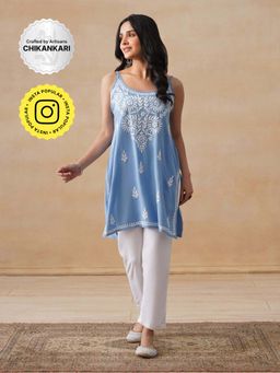 House of Chikankari - Rayon Chikankari Women's Short Kurta - Blue