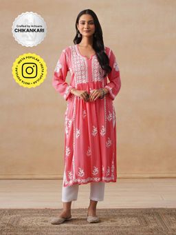 House of Chikankari - Modal Chikankari Women's Long Kurta - Coral