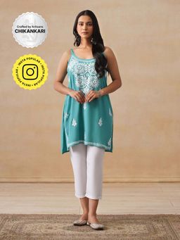 House of Chikankari - Rayon Chikankari Women's Short Kurta - Teal