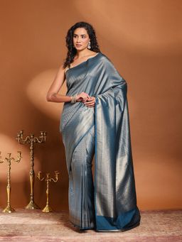 MEENA BAZAAR - Woven Teal Art Silk Saree Without Blouse