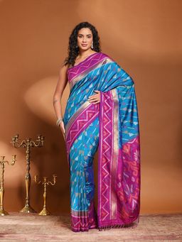 MEENA BAZAAR - Printed Blue Art Silk Saree Without Blouse