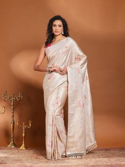MEENA BAZAAR - Woven Cream Art Silk Saree Without Blouse