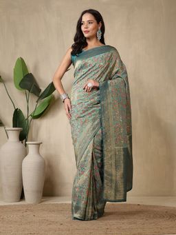 MEENA BAZAAR - Embellished Teal Art Silk Saree Without Blouse