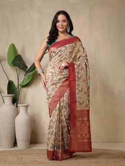 MEENA BAZAAR - Printed Beige Art Silk Saree Without Blouse