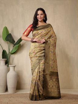 MEENA BAZAAR - Printed Olive Art Silk Saree Without Blouse